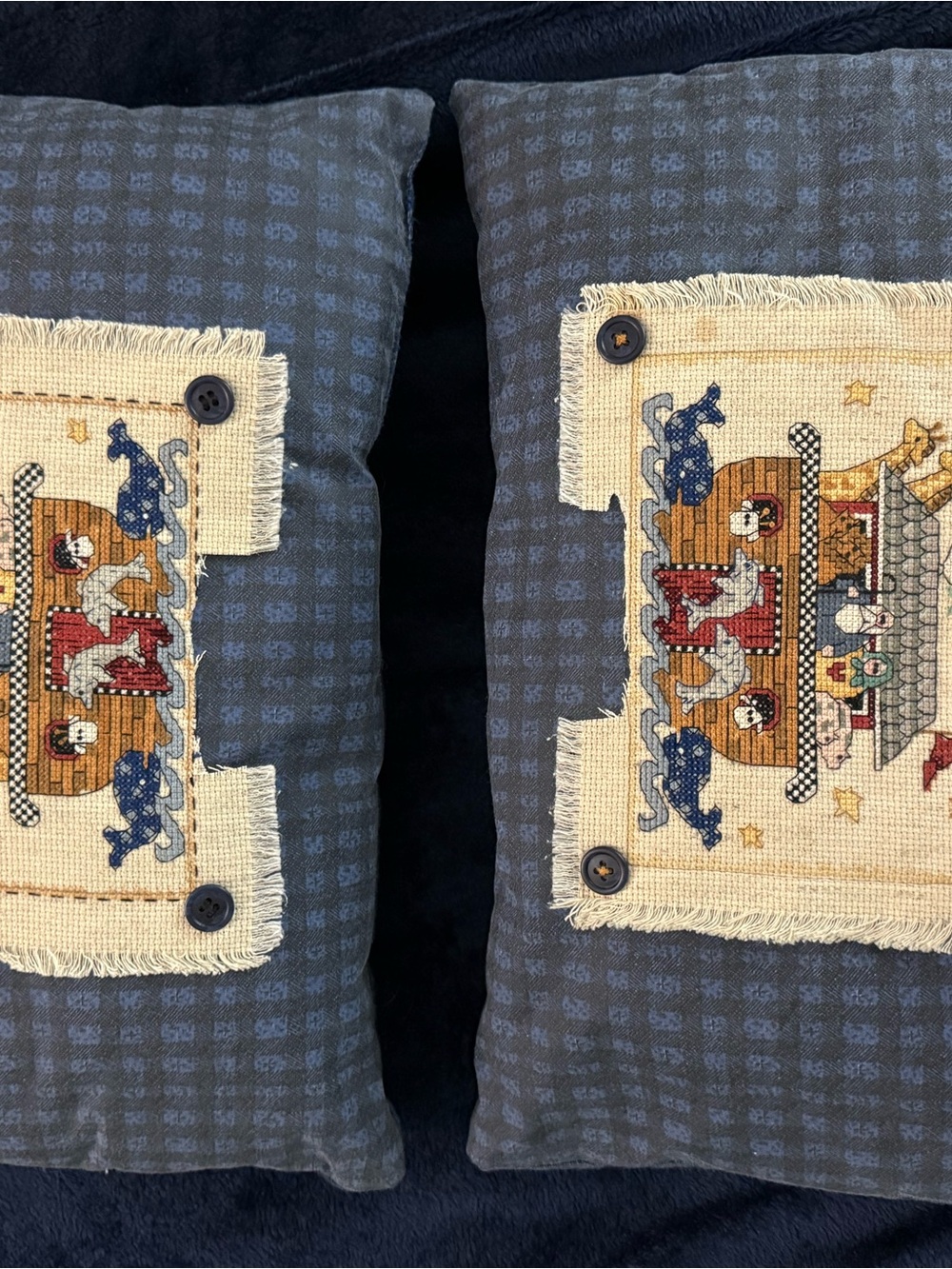2 vintage Debbie Mumm Noah’s ark cross stitch throw pillows